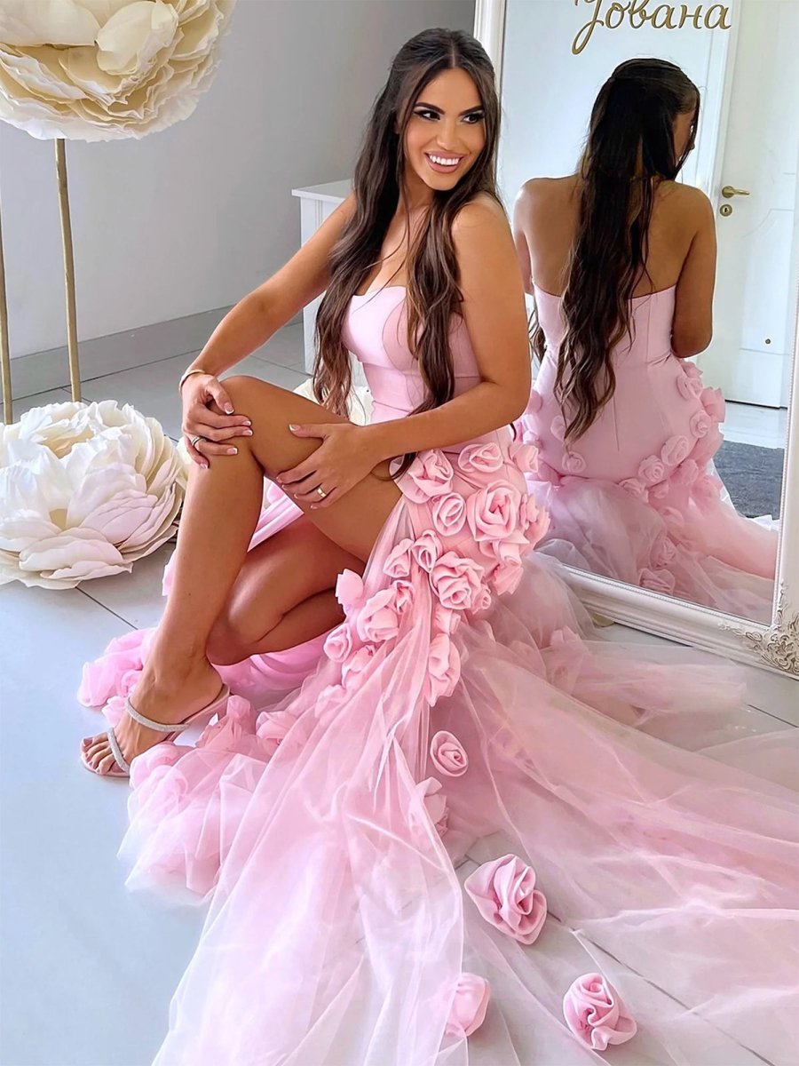 A line Sexy Sweetheart Sleeveless Pink Slit Flowers Prom Dress