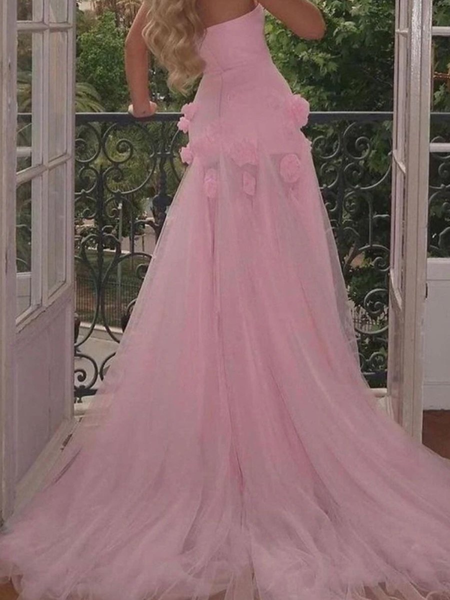 A line Sexy Sweetheart Sleeveless Pink Slit Flowers Prom Dress