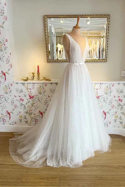 A Line Sexy V neck Pearls Elegant Wedding Dress Floor Length Beautiful