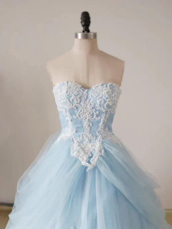 A-line lace chicken heart collar blue long ball dress Sky Blue Prom Dress