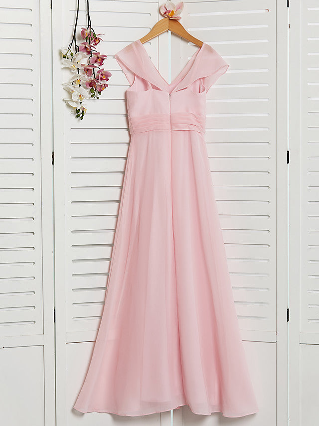 A-Line V Neck Floor Length Chiffon Junior Flower Girl Dress With Ruffles Ruching for Weddings and Parties