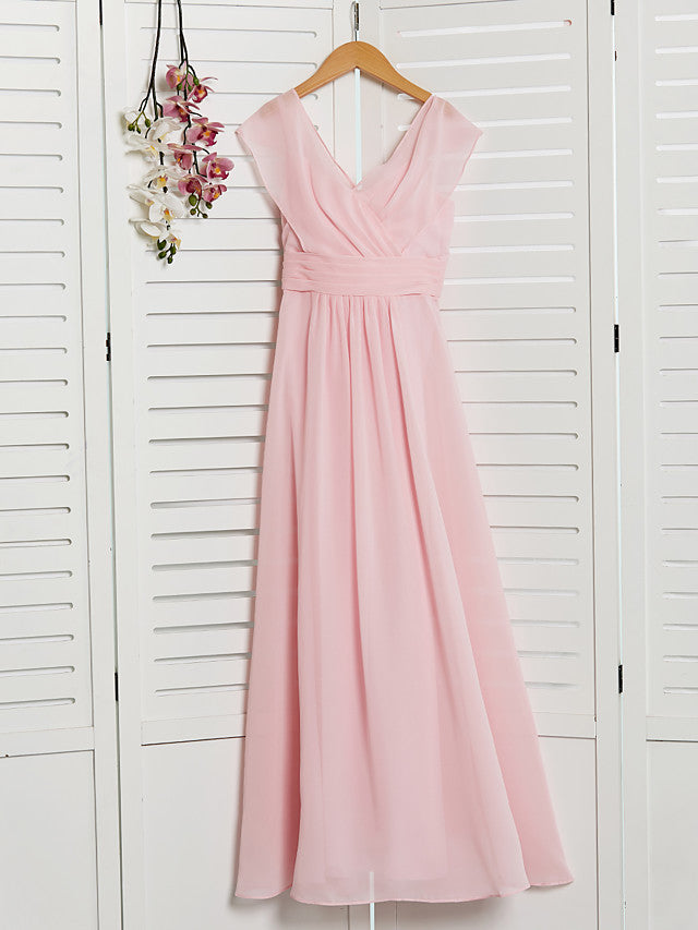 A-Line V Neck Floor Length Chiffon Junior Flower Girl Dress With Ruffles Ruching for Weddings and Parties