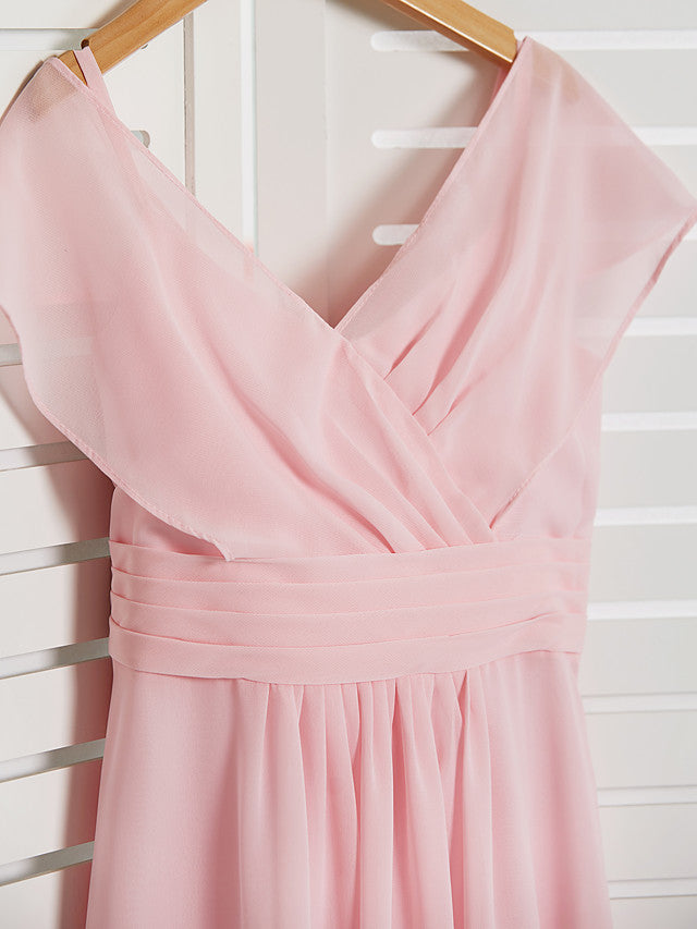 A-Line V Neck Floor Length Chiffon Junior Flower Girl Dress With Ruffles Ruching for Weddings and Parties