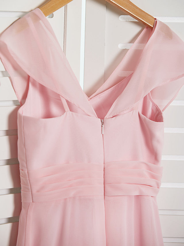 A-Line V Neck Floor Length Chiffon Junior Flower Girl Dress With Ruffles Ruching for Weddings and Parties