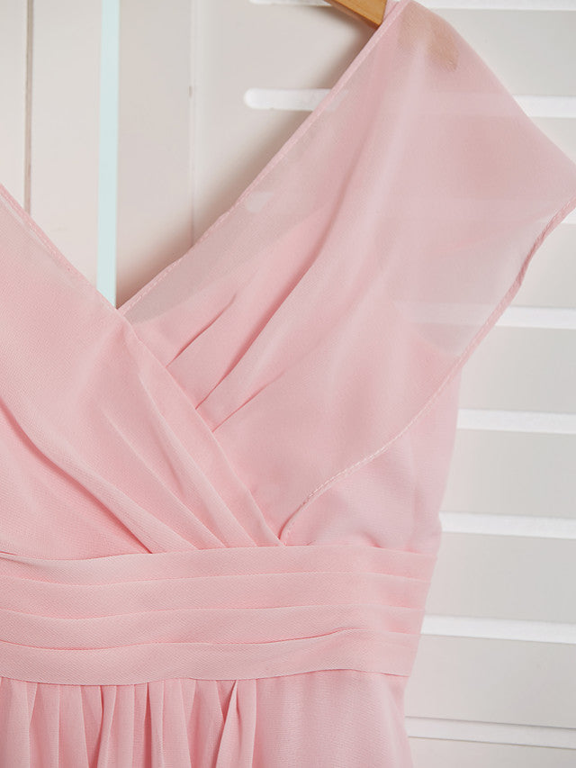 A-Line V Neck Floor Length Chiffon Junior Flower Girl Dress With Ruffles Ruching for Weddings and Parties