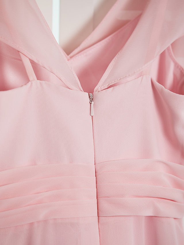 A-Line V Neck Floor Length Chiffon Junior Flower Girl Dress With Ruffles Ruching for Weddings and Parties