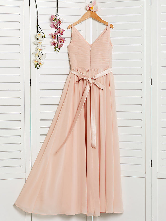A-Line V Neck Maxi Chiffon Junior Flower Girl Dress With Sash Ribbon Ruching