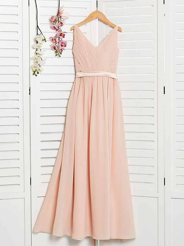 A-Line V Neck Maxi Chiffon Junior Flower Girl Dress With Sash Ribbon Ruching