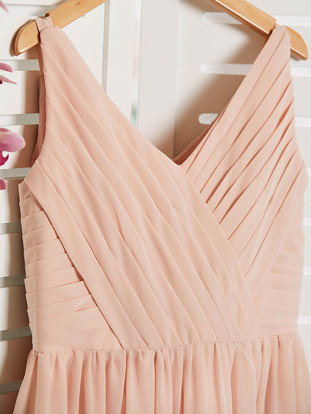 A-Line V Neck Maxi Chiffon Junior Flower Girl Dress With Sash Ribbon Ruching