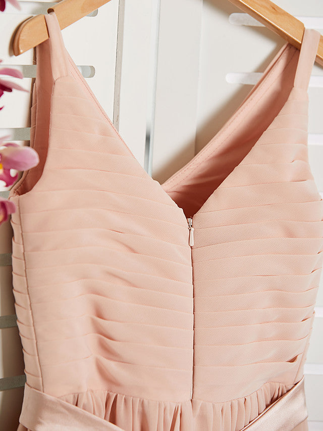 A-Line V Neck Maxi Chiffon Junior Flower Girl Dress With Sash Ribbon Ruching