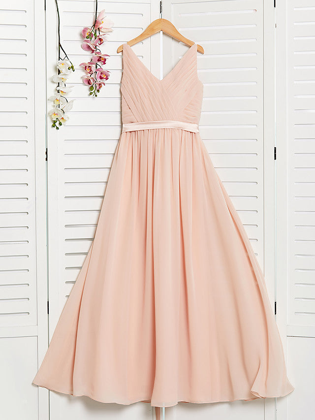 A-Line V Neck Maxi Chiffon Junior Flower Girl Dress With Sash Ribbon Ruching