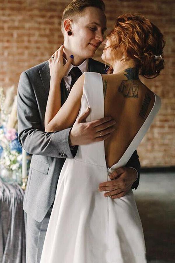 A Line V Neck Open Back Satin Long Wedding Dresses