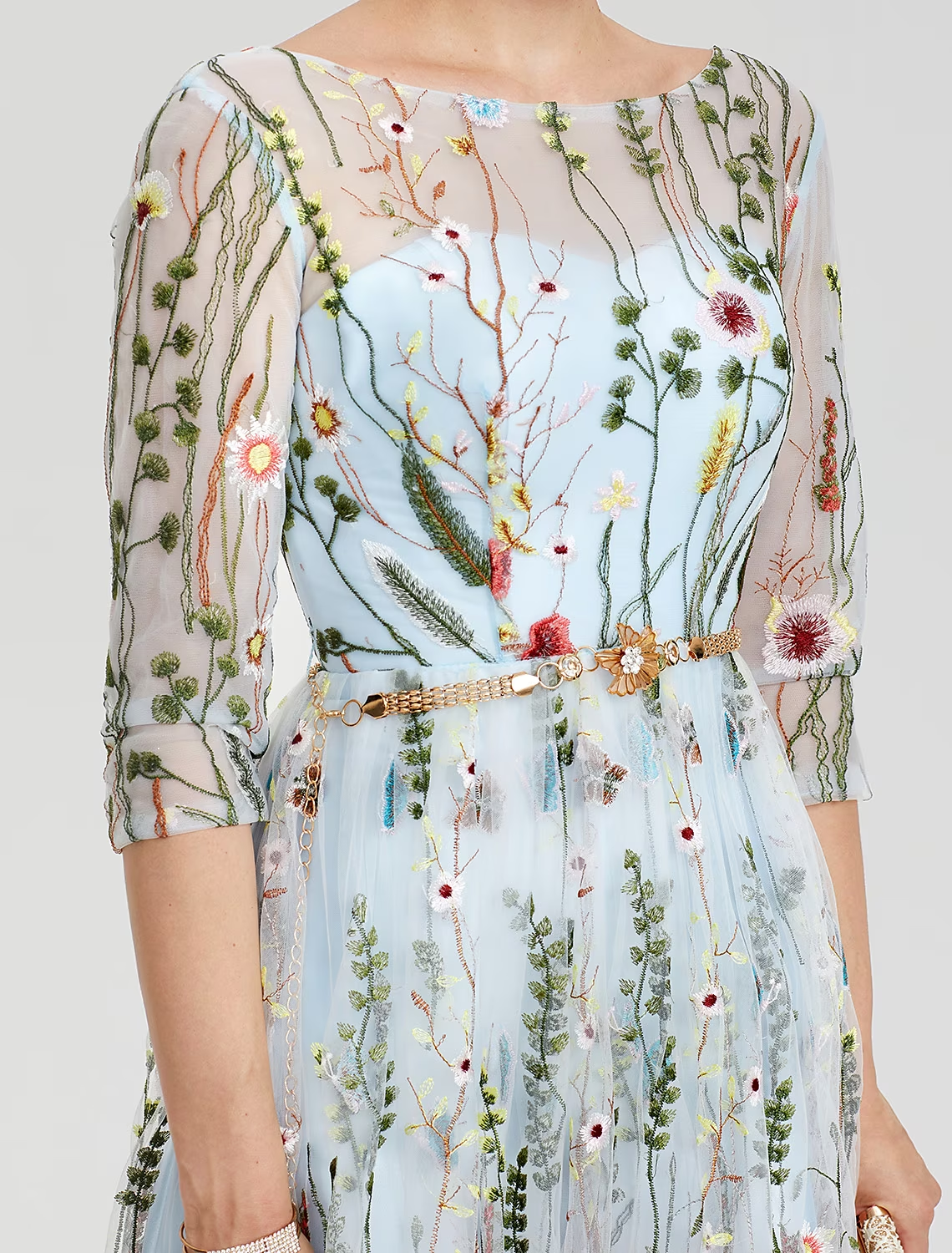 A-Line Empire Dress Party Wear Floor Length Sleeve Illusion Neck Lace with Embroidery