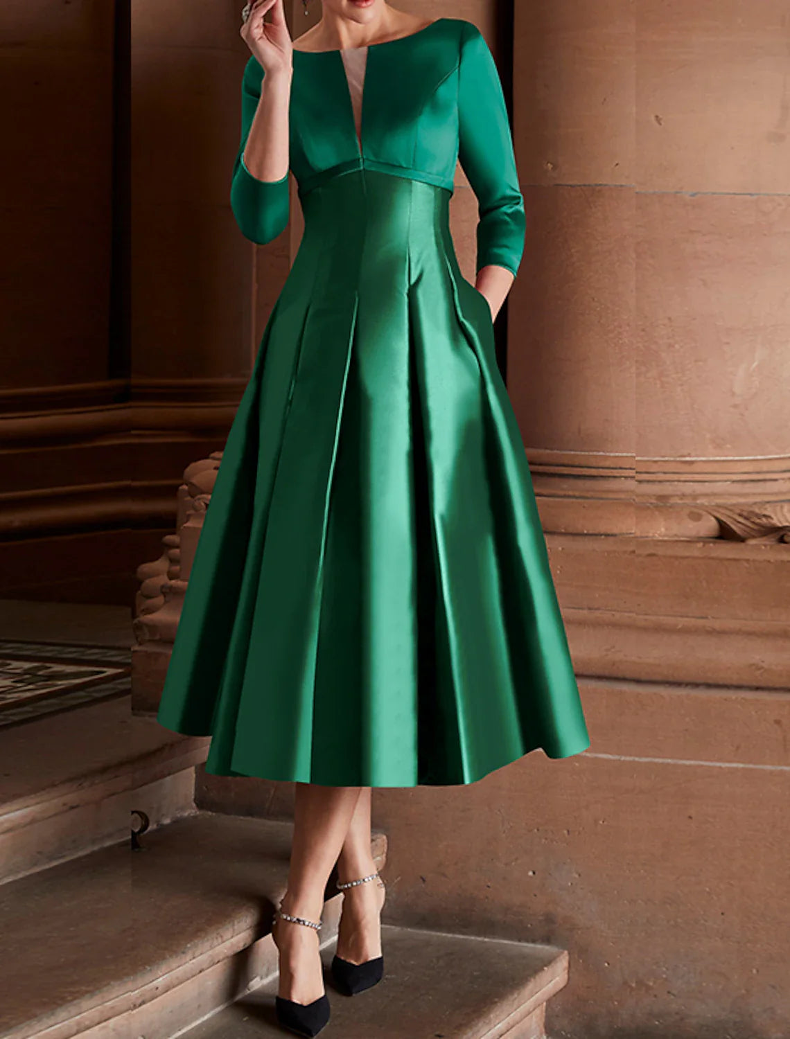 A-Line Cocktail Dresses Minimalist Dress Christmas Red Green Dress Wedding Guest Tea Length 3/4 Length Sleeve Jewel Neck Fall Wedding Guest Satin with Pleats 2025