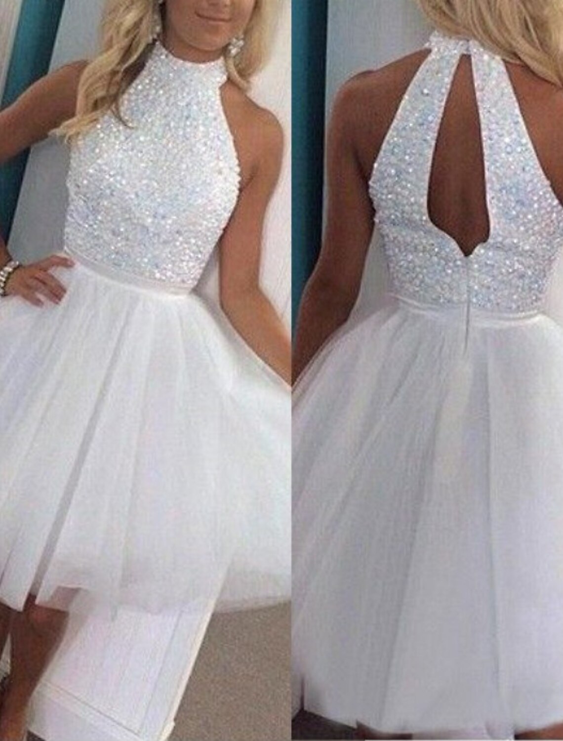 A-Line Homecoming Dresses Backless Dress Holiday Graduation Short / Mini Sleeveless Halter Neck Tulle with Glitter Beading