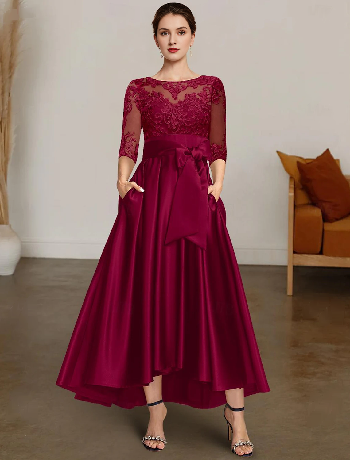 A-line Christmas dress bride's mother's dress formal wedding guests elegant high-low boat collar asymmetrical satin lace 3/4 long sleeves with lace belt/ribbon 2025