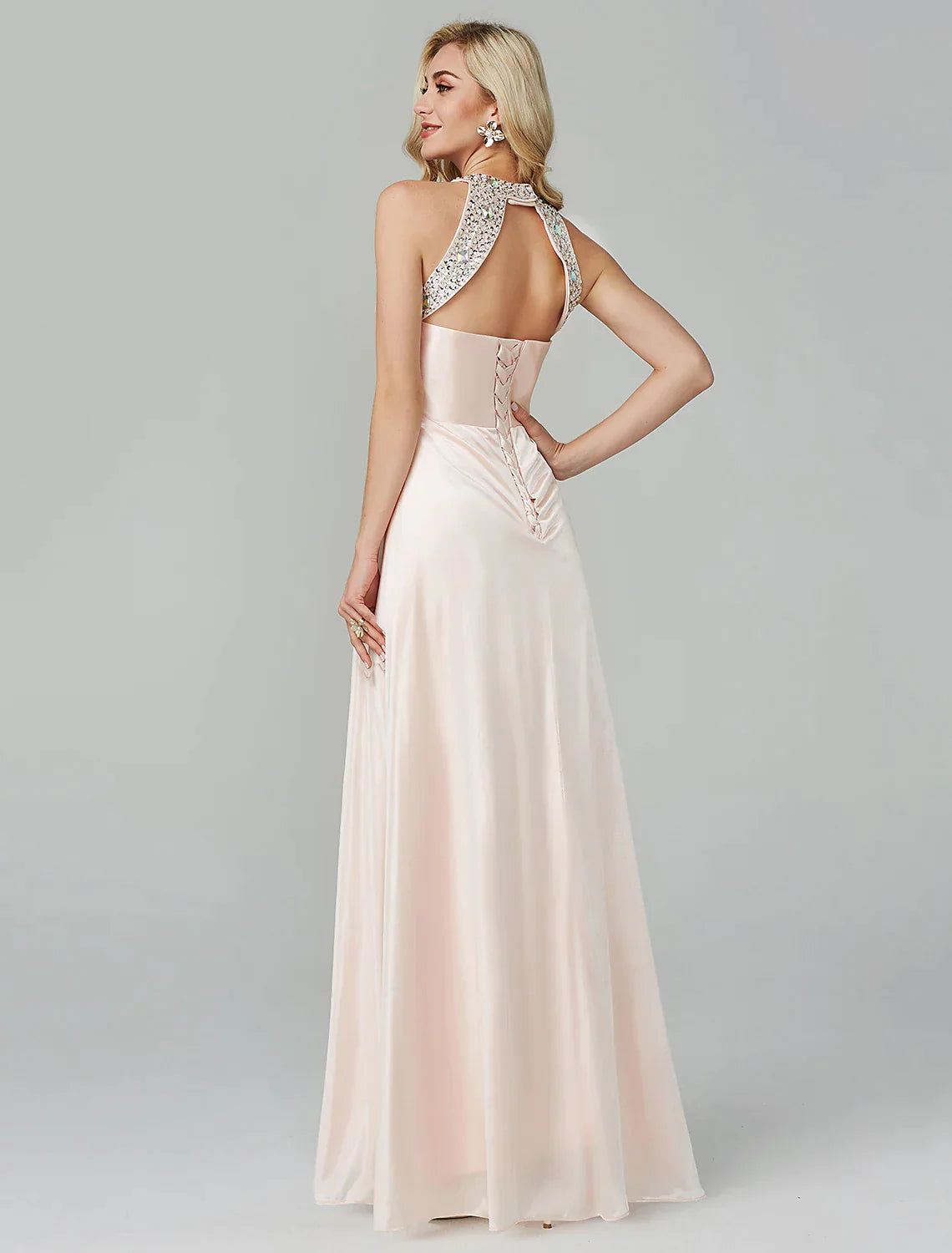 A-Line Little Black Dress Dress Party Wear Floor Length Sleeveless Silk Backless with Crystals Sequin