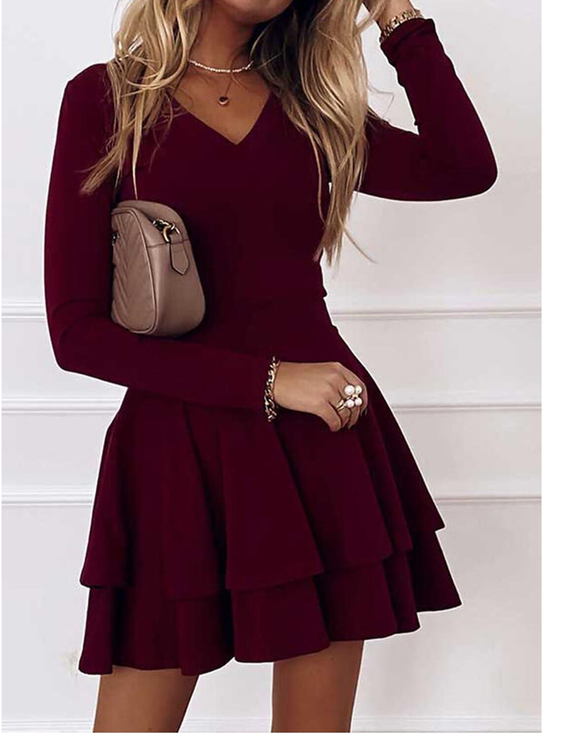 A-Line Cocktail Dresses Flirty Dress Wedding Guest Homecoming Short / Mini Long Sleeve V Neck Spandex with Pleats Pure Color