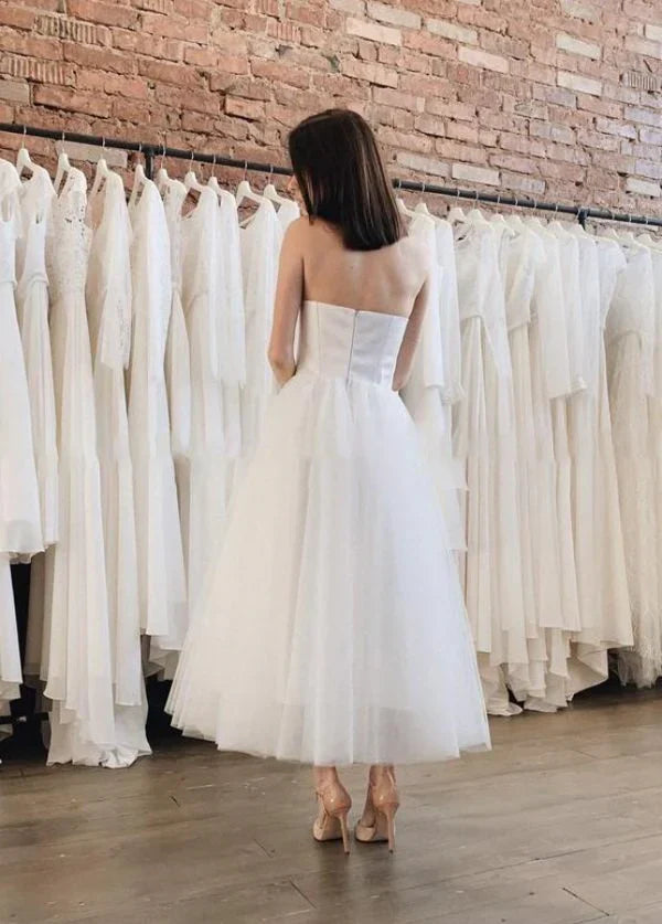 A-Line Backless Strapless Tea-Length Tulle Skirt Short Bridal Gown Wedding Dresses
