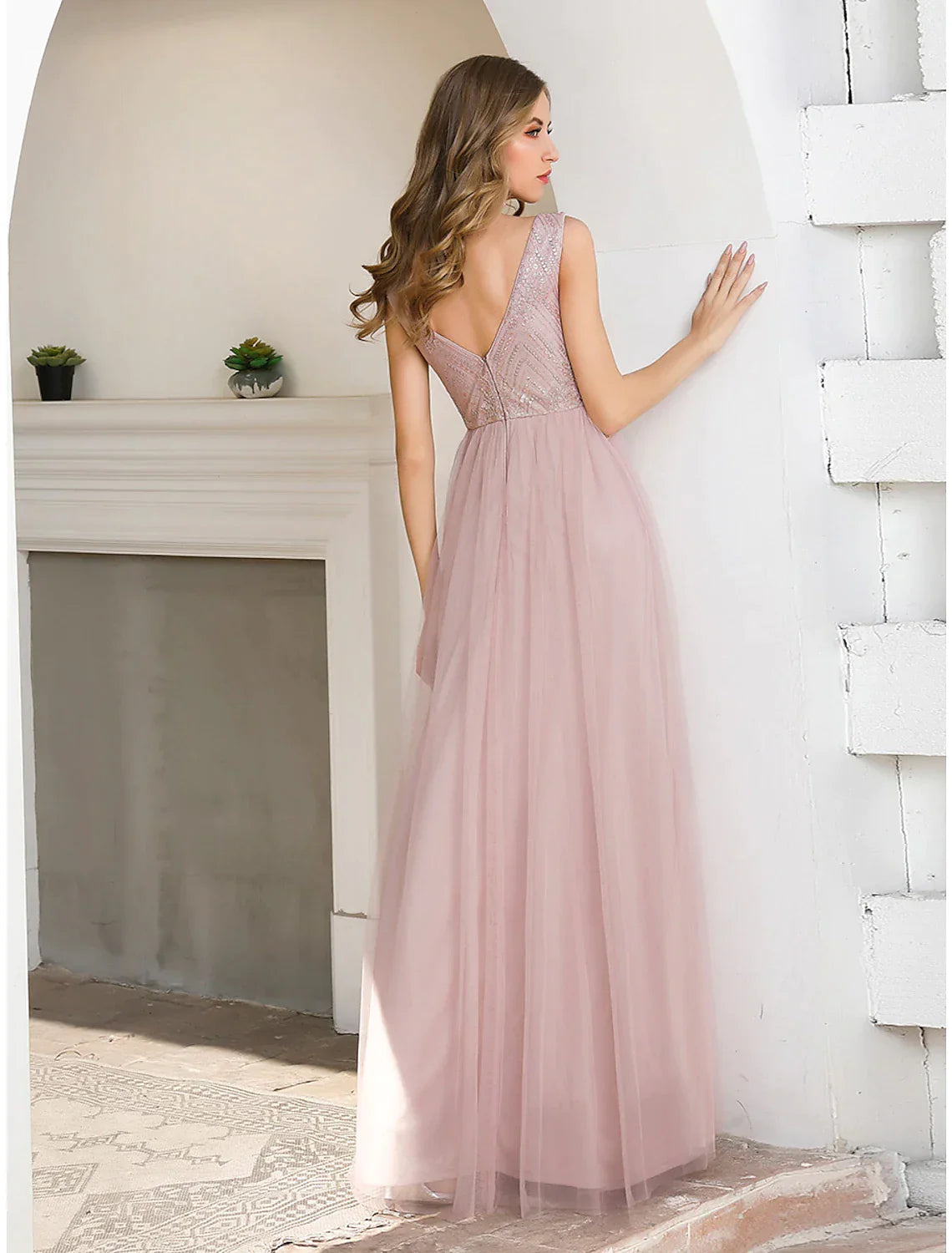 A-Line Evening Gown Elegant Dress Wedding Guest Floor Length Sleeveless V Neck Satin V Back with Sash Ribbon Sequin