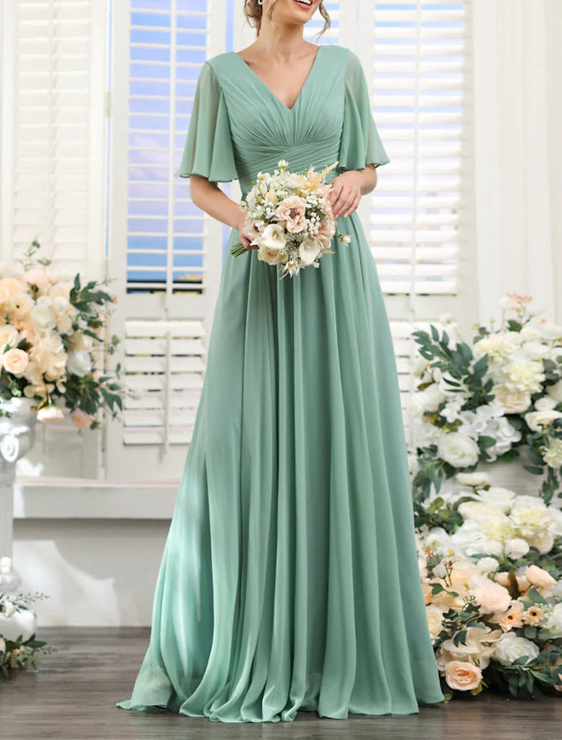 A-Line Bridesmaid Dress V Neck Short Sleeve Elegant Floor Length Chiffon