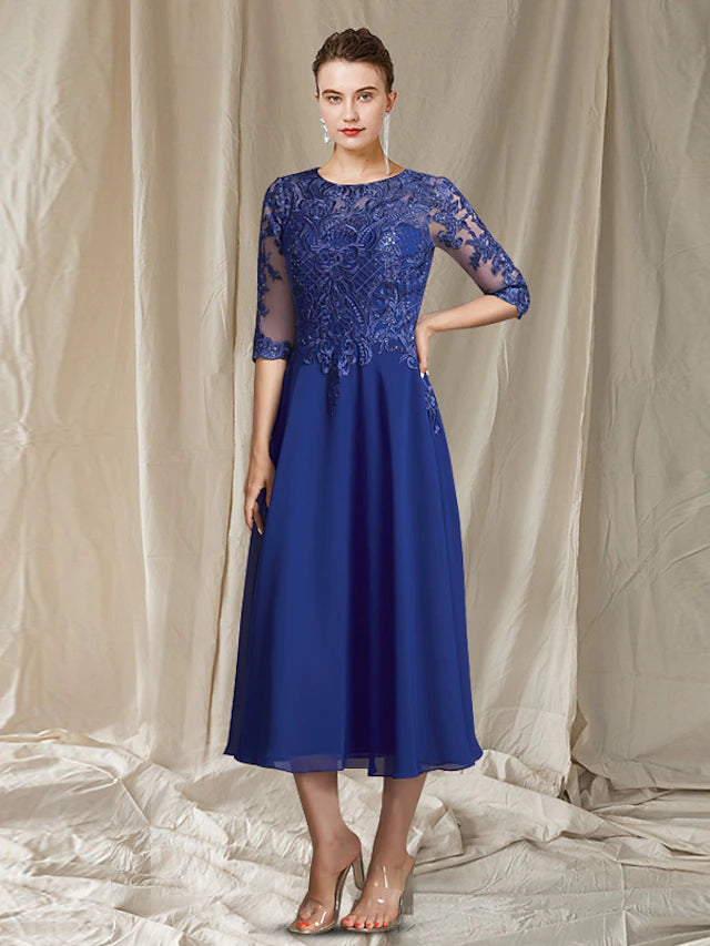 A-Line Mother of the Bride Dress Elegant Jewel Neck Tea Length Chiffon Lace Half Sleeve with Sequin