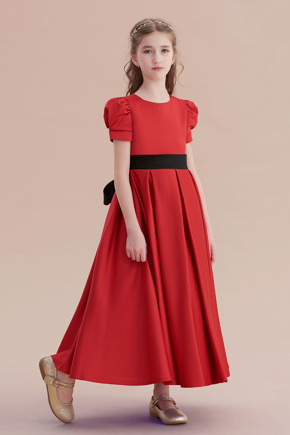 Awesome Short Sleeve A-line Satin Flower Girl Dress with Ribbons