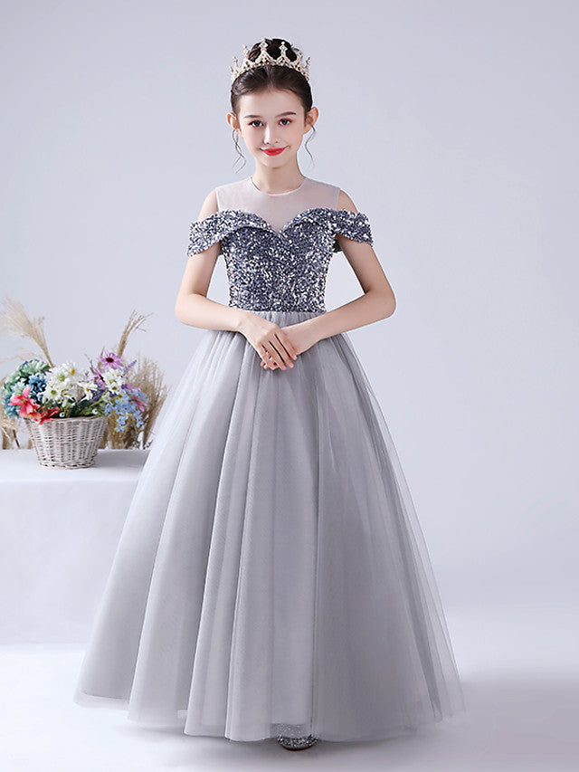 Ball Gown Flower Girl Dress Tulle With Paillette Sequins Off Shoulder Sleeveless Jewel Neck