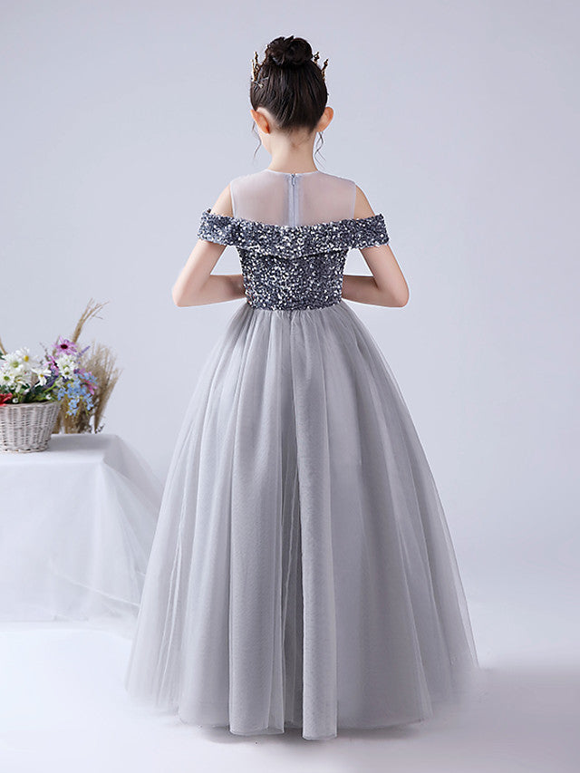 Ball Gown Flower Girl Dress Tulle With Paillette Sequins Off Shoulder Sleeveless Jewel Neck