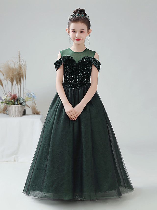 Ball Gown Flower Girl Dress Tulle With Paillette Sequins Off Shoulder Sleeveless Jewel Neck