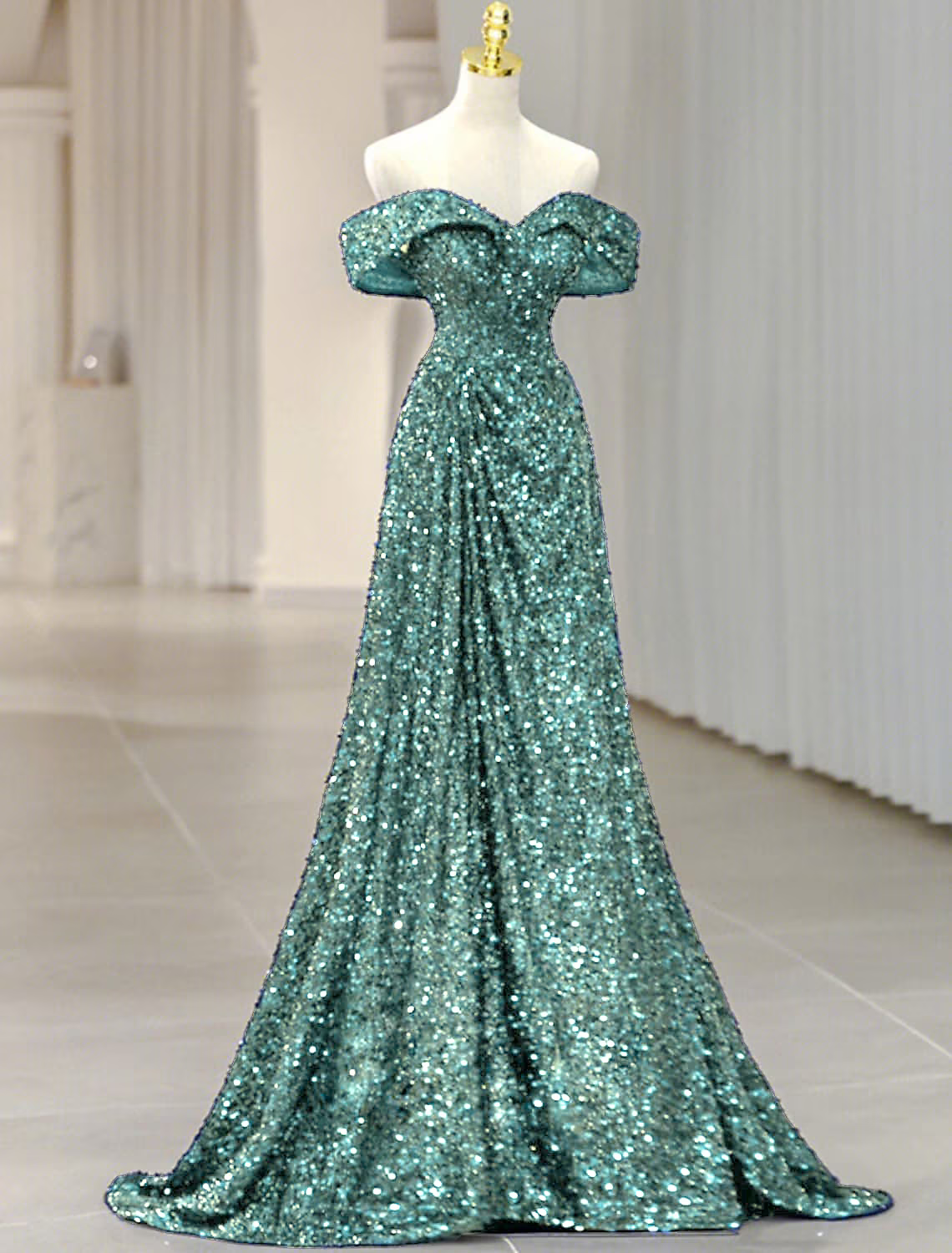 A-Line Evening Gown Sparkle Shine Dress Formal Sleeveless Off Shoulder Sequined with Glitter