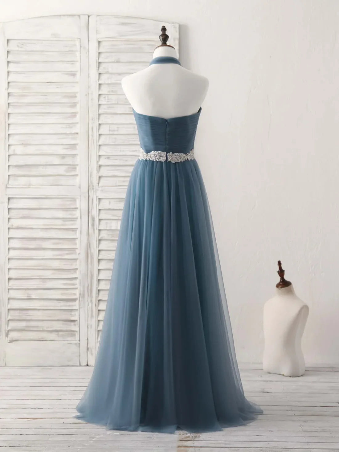 A-Line Gray Blue Tulle Long Bridesmaid Dress Floor-length Beading Prom Dress Elegant