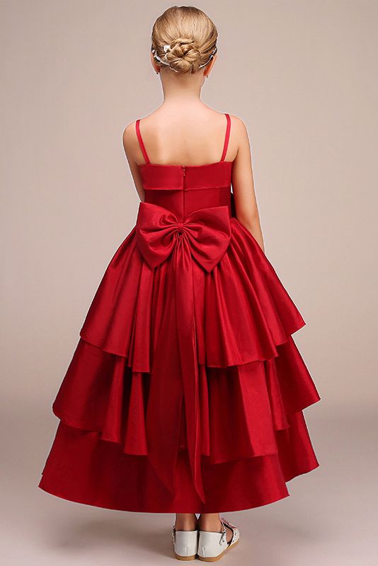 Beautiful Handmade Flower Satin Spaghetti-Strap Sleeveless Ankle Length Flower Girl Dress