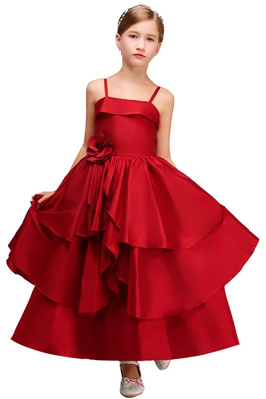 Beautiful Handmade Flower Satin Spaghetti-Strap Sleeveless Ankle Length Flower Girl Dress
