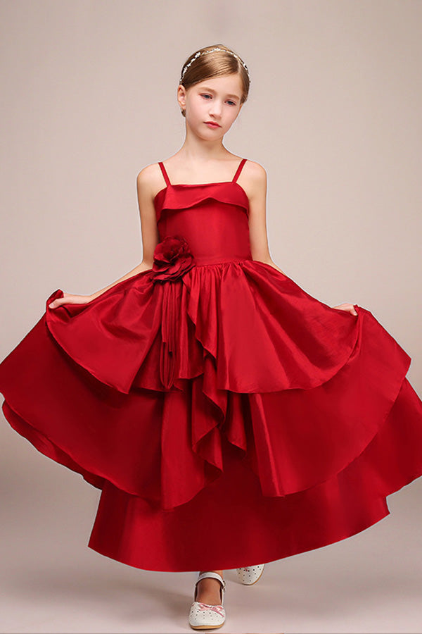 Beautiful Handmade Flower Satin Spaghetti-Strap Sleeveless Ankle Length Flower Girl Dress