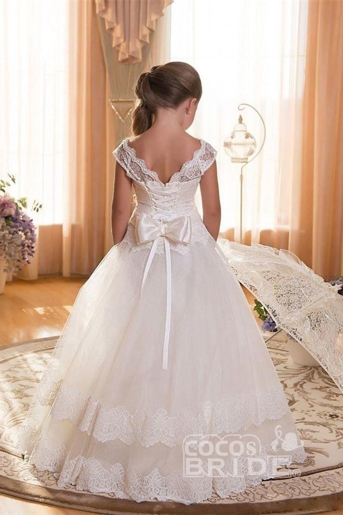 Beige Lace Flower Girls Dress with Short Sleeves and Scoop Neck