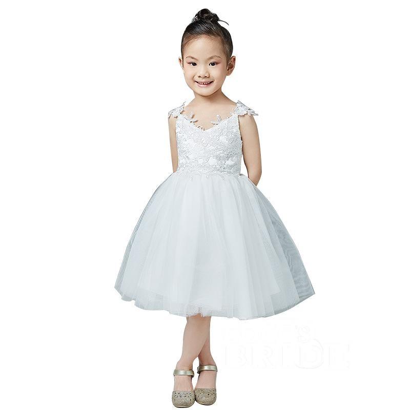 Beige V-Neck Sleeveless Ball Gown Flower Girls Dress
