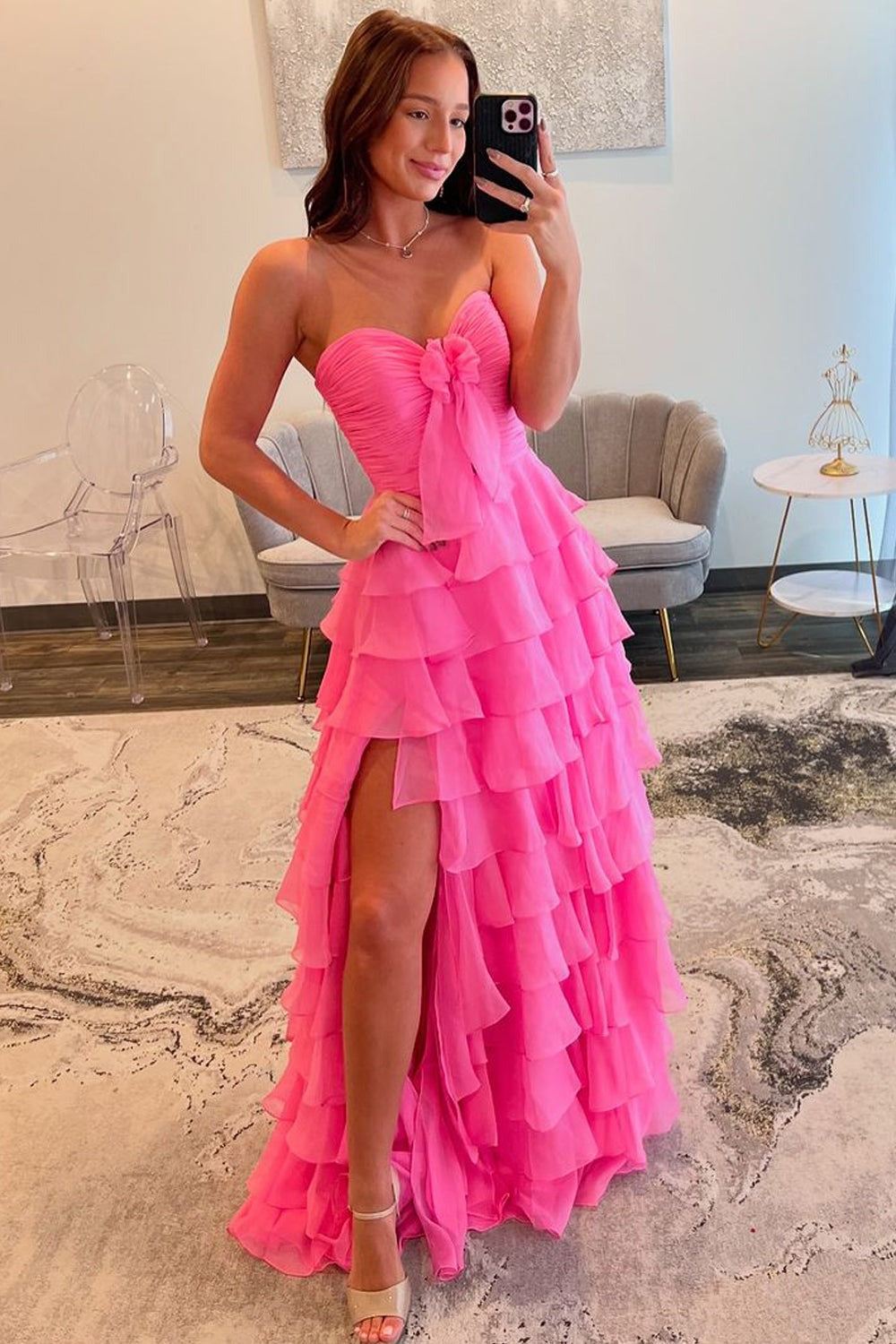 A Line Sweetheart Chiffon Tiered Slit Pink Prom Dresses