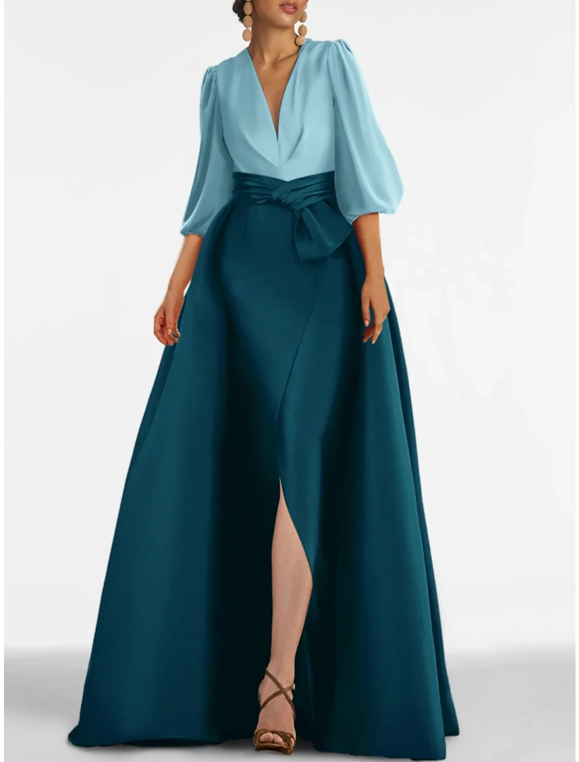 A-Line Evening Gown Elegant Dress Formal Sweep / Brush Train Half Sleeve V Neck Satin with Bow(s) Pleats Slit 2025