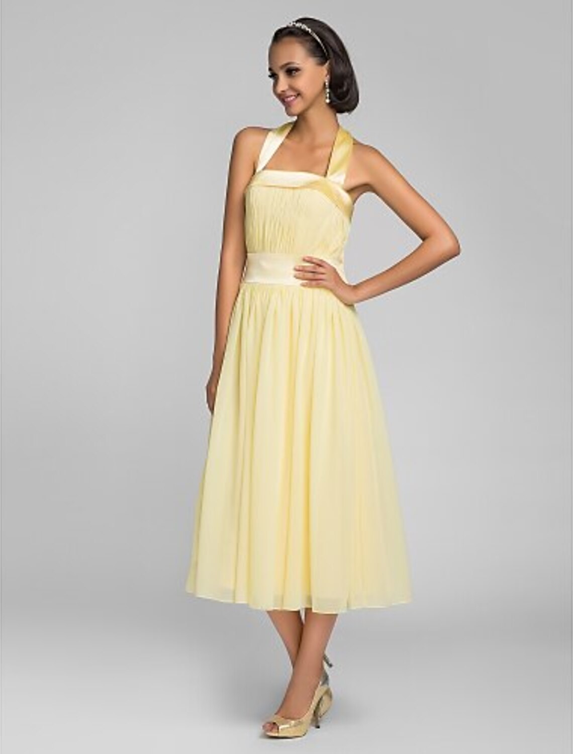 A-Line Halter Tea Length Chiffon Stretch Satin Bridesmaid Dress with Draping Bandage