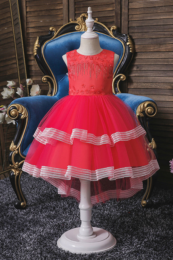 Blue Jewel Sleeveless Flower Girl Ball Gown Dress with Appliques