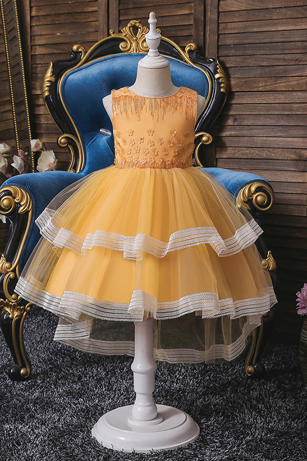 Blue Jewel Sleeveless Flower Girl Ball Gown Dress with Appliques