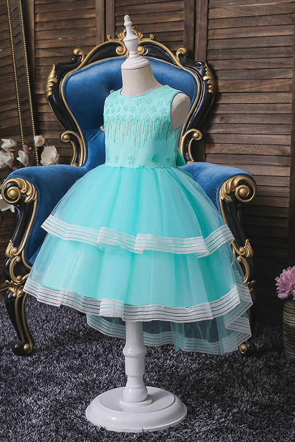 Blue Jewel Sleeveless Flower Girl Ball Gown Dress with Appliques