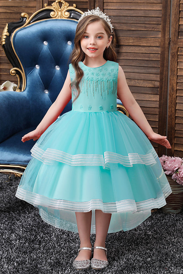 Blue Jewel Sleeveless Flower Girl Ball Gown Dress with Appliques