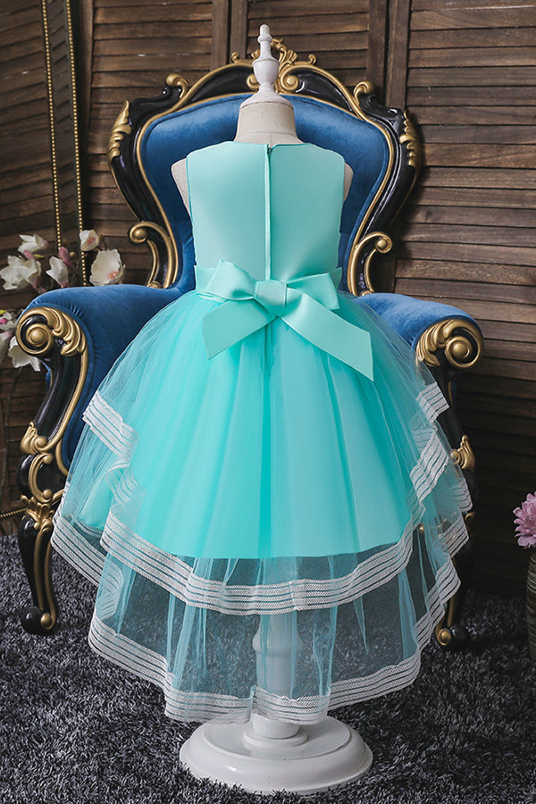 Blue Jewel Sleeveless Flower Girl Ball Gown Dress with Appliques