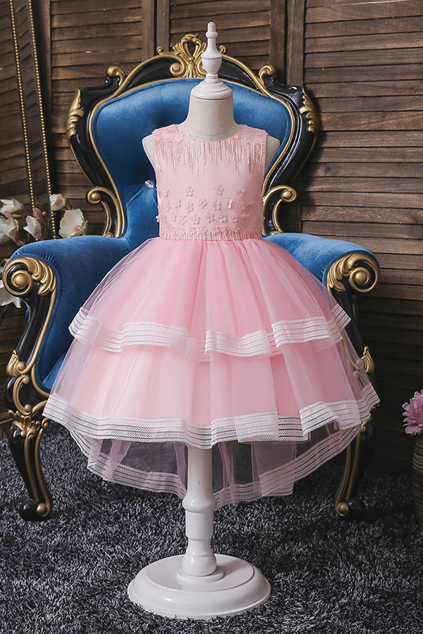 Blue Jewel Sleeveless Flower Girl Ball Gown Dress with Appliques