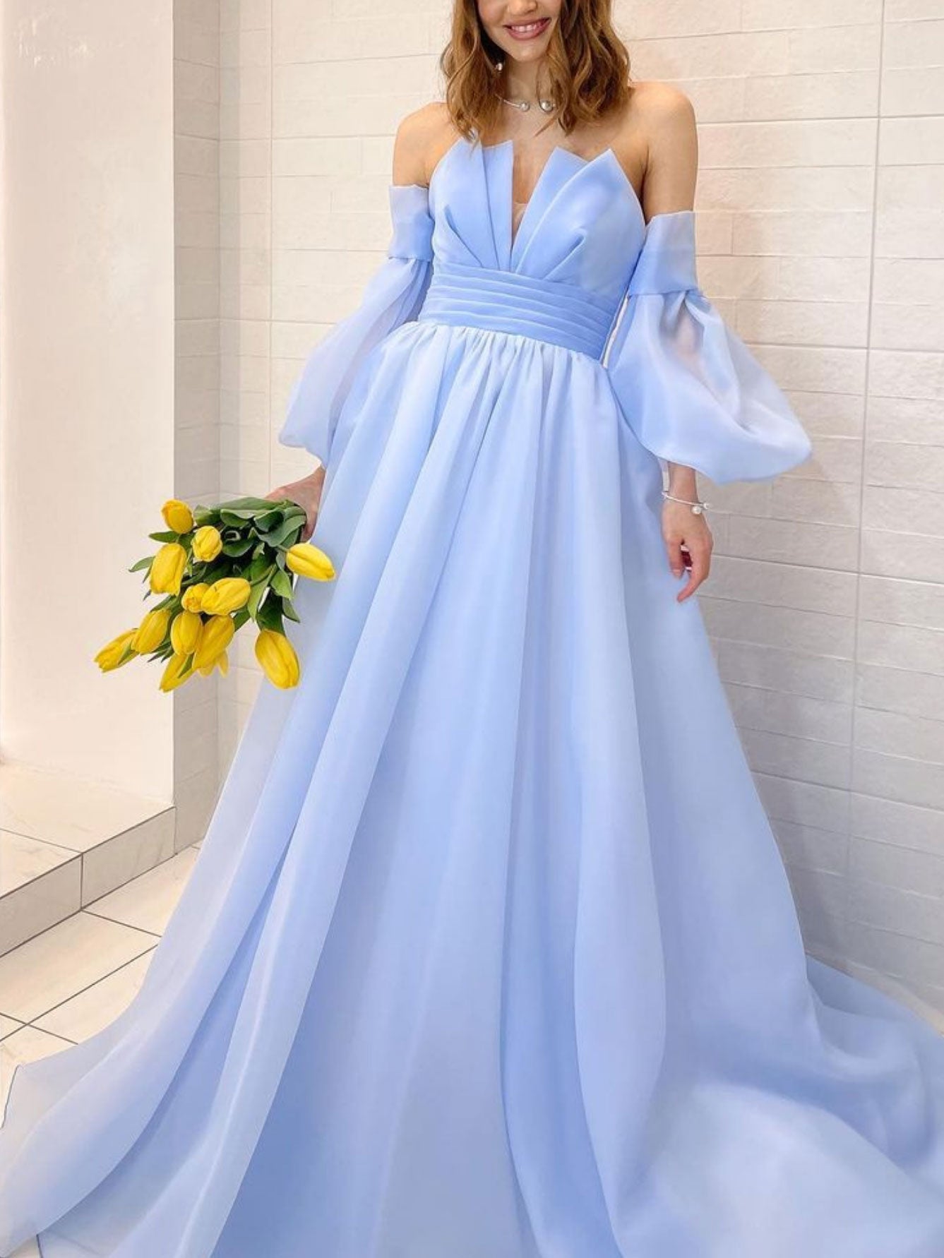 A line blue long prom dress, Organza formal blue evening dress