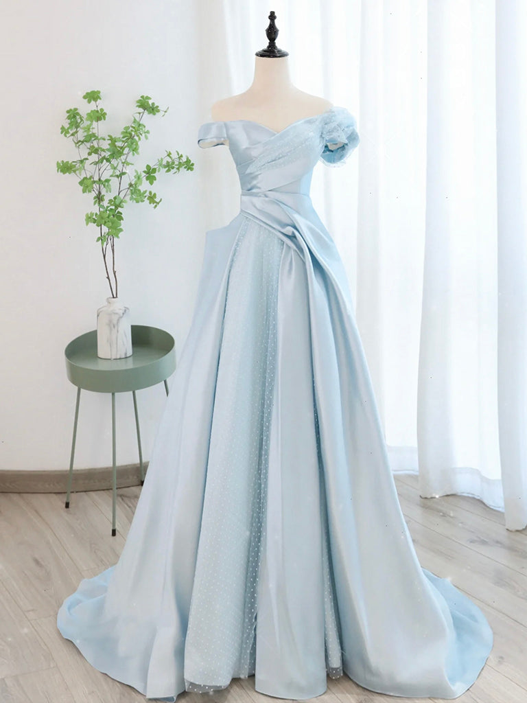 A-Line Blue Satin Tulle Long Prom Dress, Blue Tulle Long Evening Dresses