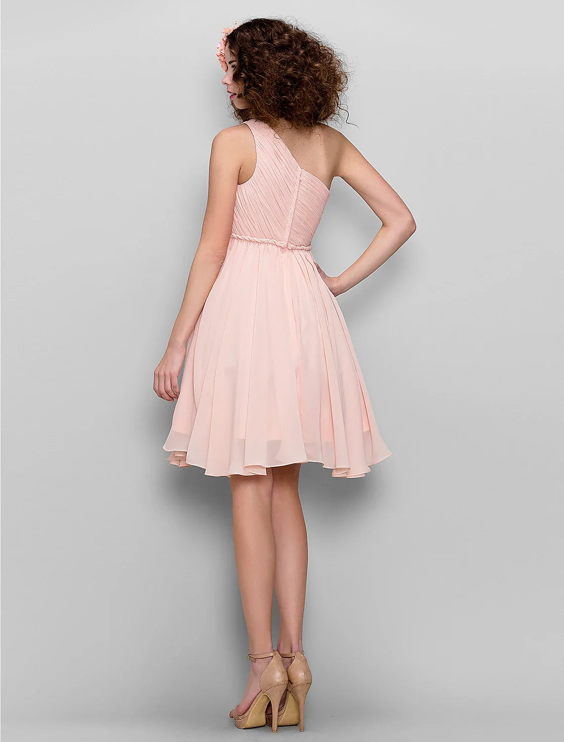A-Line / Ball Gown One Shoulder Knee Length Chiffon Bridesmaid Dress with Sash / Ribbon / Side Draping