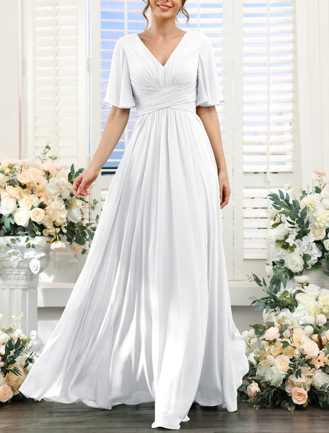 A-Line Bridesmaid Dress V Neck Short Sleeve Elegant Floor Length Chiffon